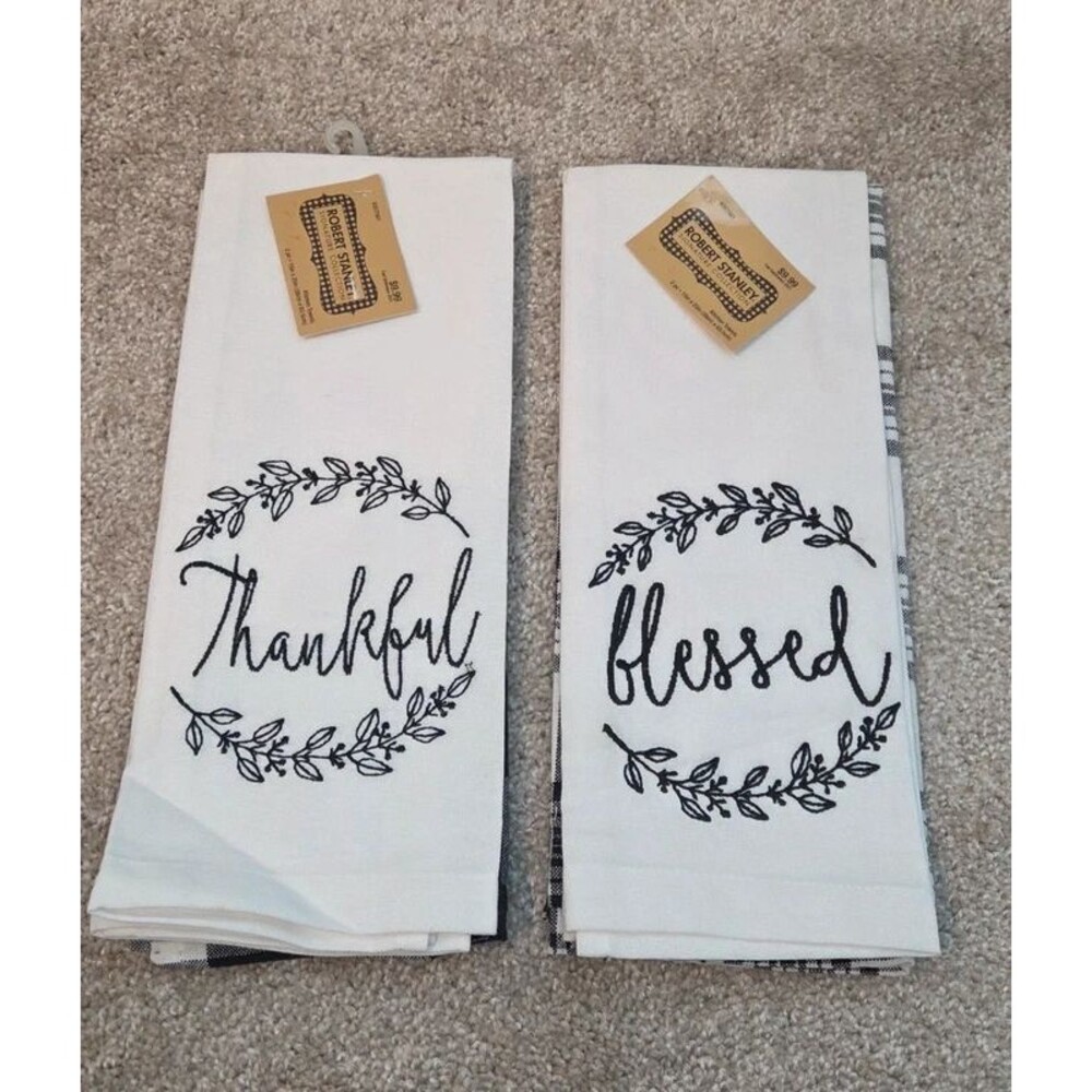 Thankful/ blessed black & white plaid kitchen towels